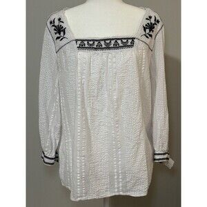 IZOD Boho White Blouse Textured Blue Floral Trim Embroidered 3/4 Sleeve Size XXL